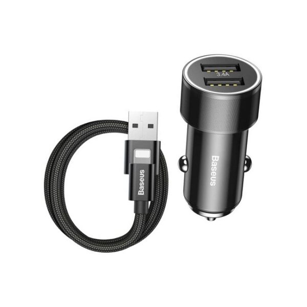 Baseus Small Screw 3.4A Dual USB Car Charger with Lightning Cable 1