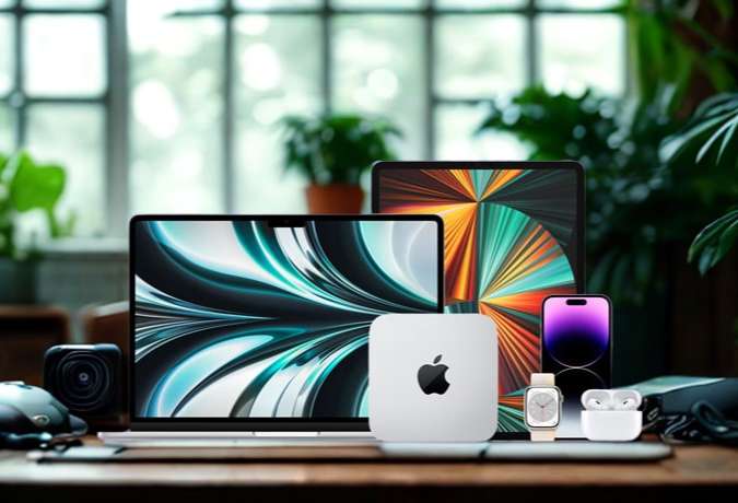 Apple gadgets including iPhone, iPad, and AirPods displayed together